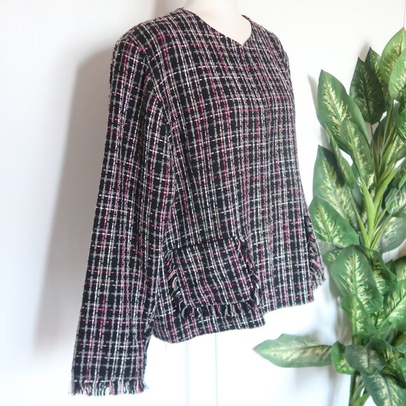 Chico’s Black Pink Tweed Plaid Jacket Blazer Office Career Fall Winter L Large - Picture 4 of 15